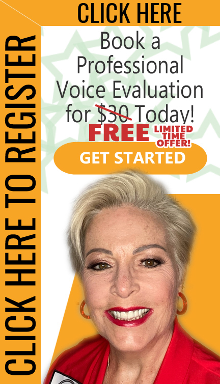 A woman in a red shirt with the words click here book a professional voice evaluation for free.