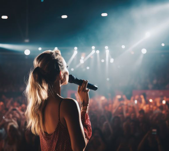 A woman singing into a microphone at a concert.